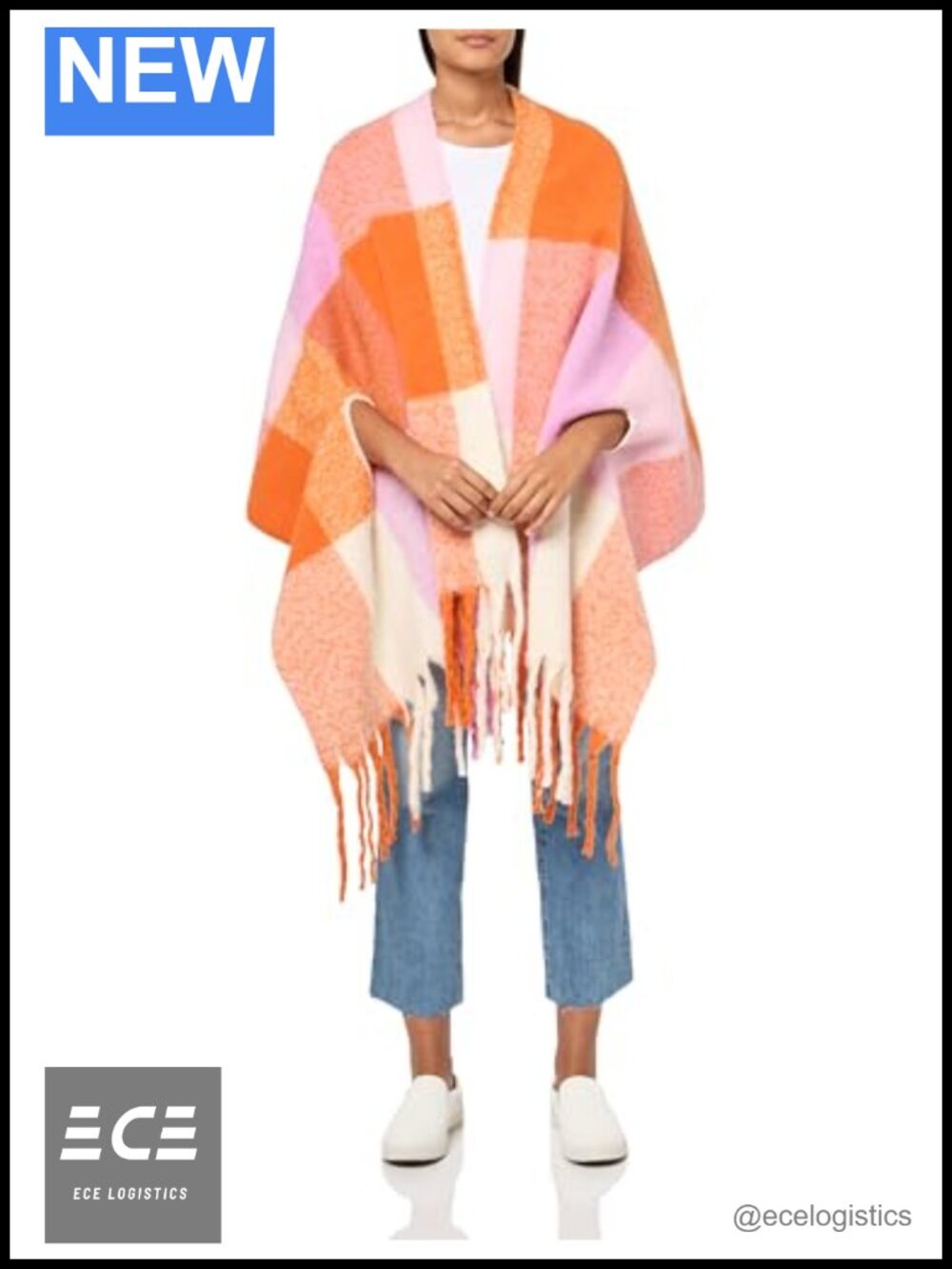 Fuzzy Plaid Scarf Wrap with Cut-Out Arm Holes & Tassel Trim